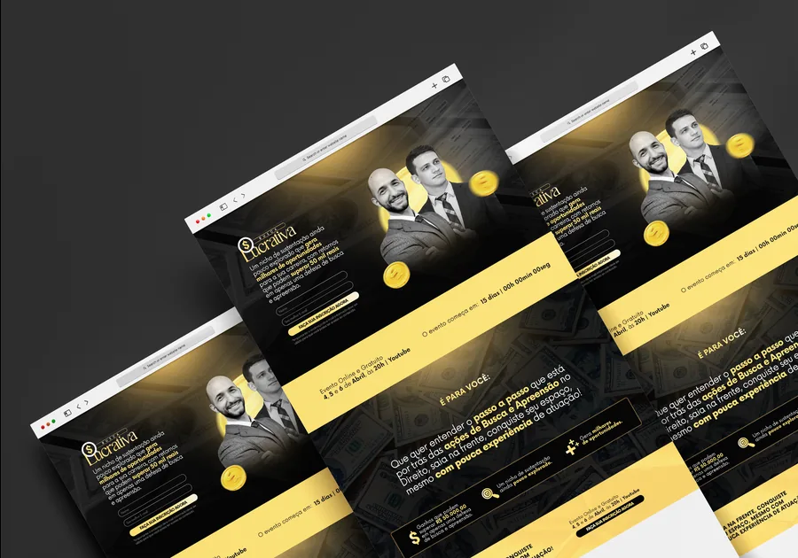Mockup landing page Busca Lucrativa — evento online de finanças